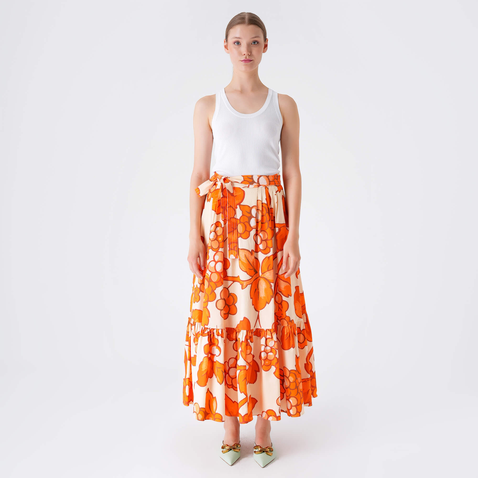 Etro - Orange&Beige Flower Cotton Midi Skirt